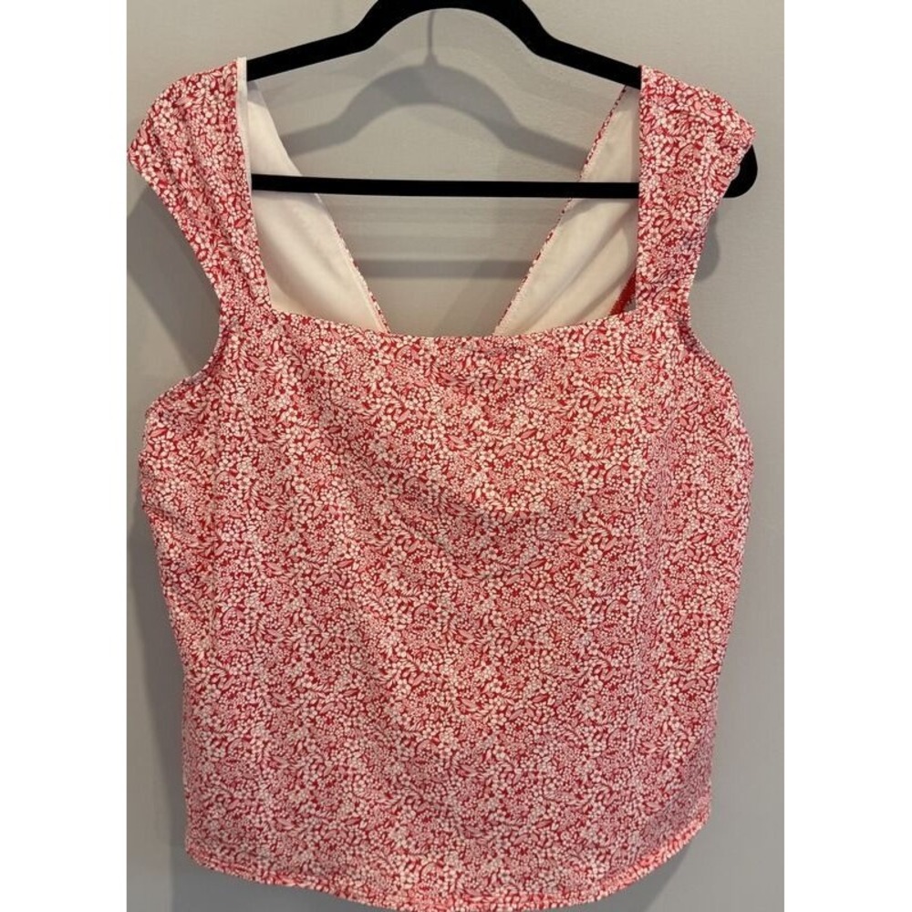 Lands End Womens Swimsuit Tankini Top Red White Floral Wide Strap Underwire 20W